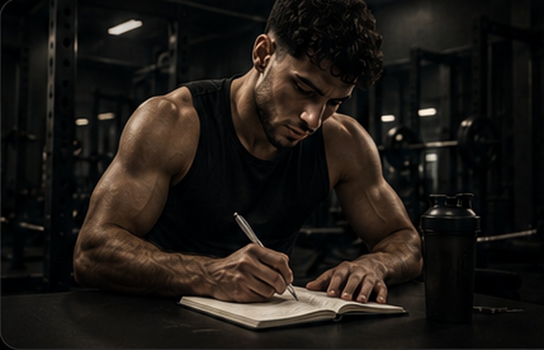 A man completing onboarding notes in a dark gym beside his training setup